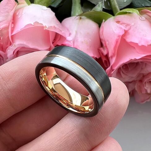 TUTISS 8mm Two Colors Plated Tungsten Rings for Men Women Fashion Engagement Wedding Bands Brushed Finish Offset Line Comfort Fit in Kuwait