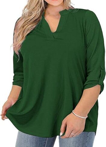 AMCLOS Womens Plus Size Tops V Neck T-Shirts Blouses Casual Soft Flowy Tunic Long Roll Tab Sleeves with Buttons(Green,3XL) in Saudi Arabia