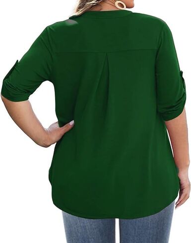 AMCLOS Womens Plus Size Tops V Neck T-Shirts Blouses Casual Soft Flowy Tunic Long Roll Tab Sleeves with Buttons(Green,3XL) in Saudi Arabia