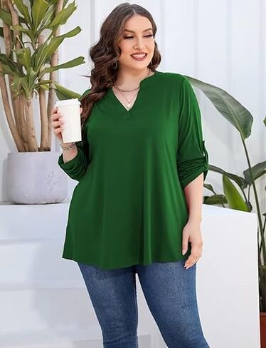 AMCLOS Womens Plus Size Tops V Neck T-Shirts Blouses Casual Soft Flowy Tunic Long Roll Tab Sleeves with Buttons(Green,3XL) in Saudi Arabia