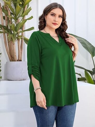 AMCLOS Womens Plus Size Tops V Neck T-Shirts Blouses Casual Soft Flowy Tunic Long Roll Tab Sleeves with Buttons(Green,3XL) in Saudi Arabia