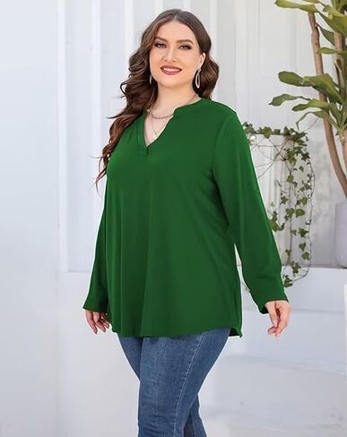 AMCLOS Womens Plus Size Tops V Neck T-Shirts Blouses Casual Soft Flowy Tunic Long Roll Tab Sleeves with Buttons(Green,3XL) in Saudi Arabia