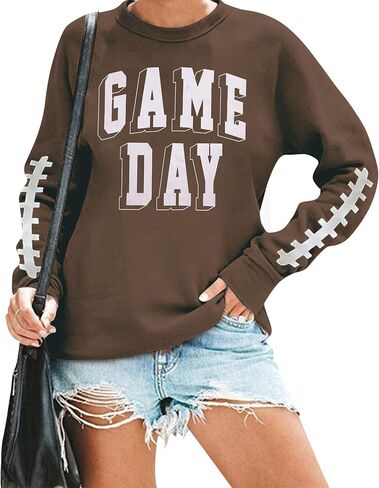 قميص نسائي من نوع Game Day، قميص رياضي لكرة القدم، قميص مطبوع عليه حروف وأكمام طويلة، قميص غير رسمي in Kuwait