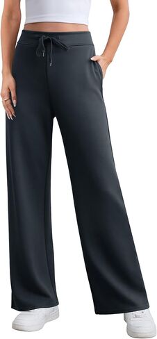 DIBAOLONG سراويل اليوغا النسائية واسعة الساق Sweatpants عادية مستقيم الساق الرباط مريح صالة عرق السراويل مع جيوب in Kuwait