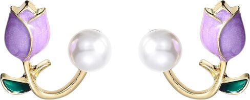 توليب لؤلؤة أقراط لؤلؤة وردية زهرة أقراط هيبوالرجينيك خفيفة الوزن موضة لؤلؤة الأذن هوك الأذن الكفة سترة الجبهة الخلفية القرط للمرأة الفتيات in Kuwait