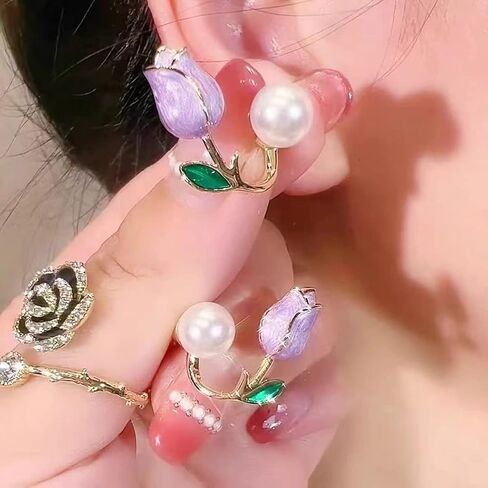 توليب لؤلؤة أقراط لؤلؤة وردية زهرة أقراط هيبوالرجينيك خفيفة الوزن موضة لؤلؤة الأذن هوك الأذن الكفة سترة الجبهة الخلفية القرط للمرأة الفتيات in Kuwait