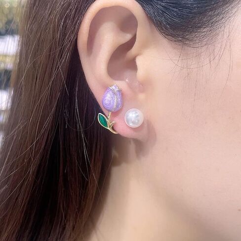 توليب لؤلؤة أقراط لؤلؤة وردية زهرة أقراط هيبوالرجينيك خفيفة الوزن موضة لؤلؤة الأذن هوك الأذن الكفة سترة الجبهة الخلفية القرط للمرأة الفتيات in Kuwait