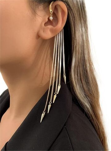 Ymqewq Kenfery Gothic Long Tassel Ear Cuff Wrap 1pcs Non-Piercing Crystal Pearl Skull Rivet Bar Fringe Drop Dangle Earrings Cartilage Climber Fake Clip on Punk Decor Jewelry (Style 5), Retro gold in Saudi Arabia