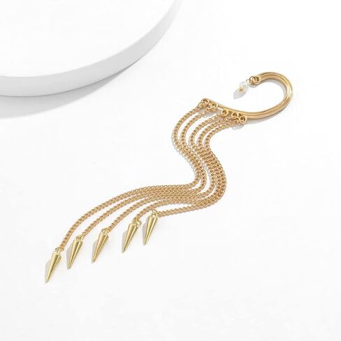 Ymqewq Kenfery Gothic Long Tassel Ear Cuff Wrap 1pcs Non-Piercing Crystal Pearl Skull Rivet Bar Fringe Drop Dangle Earrings Cartilage Climber Fake Clip on Punk Decor Jewelry (Style 5), Retro gold in Saudi Arabia