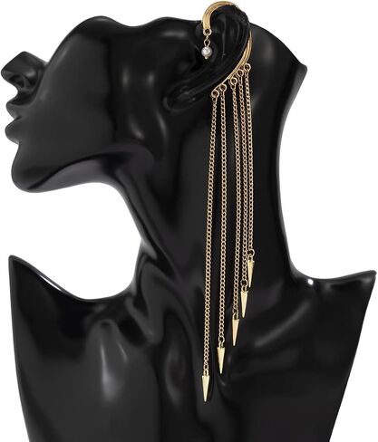 Ymqewq Kenfery Gothic Long Tassel Ear Cuff Wrap 1pcs Non-Piercing Crystal Pearl Skull Rivet Bar Fringe Drop Dangle Earrings Cartilage Climber Fake Clip on Punk Decor Jewelry (Style 5), Retro gold in Saudi Arabia