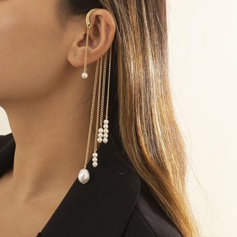 Ymqewq Kenfery Gothic Long Tassel Ear Cuff Wrap 1pcs Non-Piercing Crystal Pearl Skull Rivet Bar Fringe Drop Dangle Earrings Cartilage Climber Fake Clip on Punk Decor Jewelry (Style 5), Retro gold in Saudi Arabia