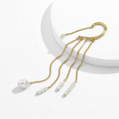 Ymqewq Kenfery Gothic Long Tassel Ear Cuff Wrap 1pcs Non-Piercing Crystal Pearl Skull Rivet Bar Fringe Drop Dangle Earrings Cartilage Climber Fake Clip on Punk Decor Jewelry (Style 5), Retro gold in Saudi Arabia