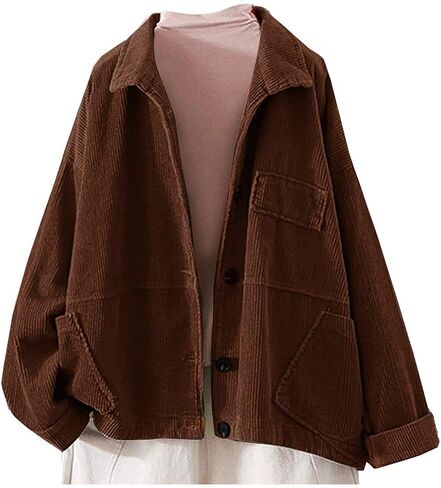Ladyful Women's Baggy Corduroy Jacket Lapel Long Sleeve Coat Outwear in Saudi Arabia