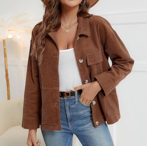 Ladyful Women's Baggy Corduroy Jacket Lapel Long Sleeve Coat Outwear in Saudi Arabia