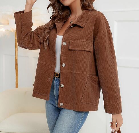 Ladyful Women's Baggy Corduroy Jacket Lapel Long Sleeve Coat Outwear in Saudi Arabia