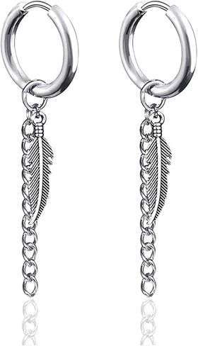Fusamk الشرير الصخرة الفولاذ المقاوم للصدأ سلسلة طويلة الأقراط ريشة Huggie متمحور هوب الأقراط، 2PCS in Saudi Arabia