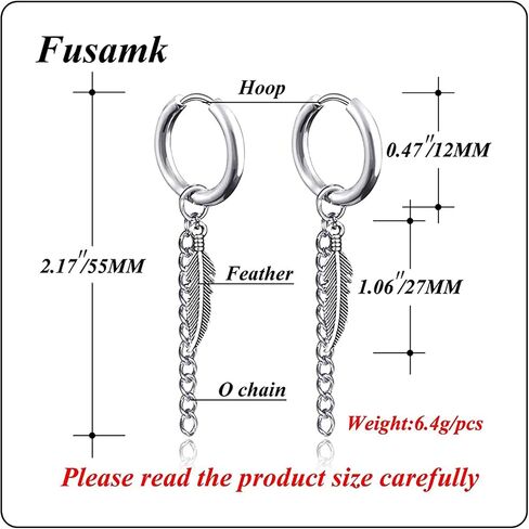 Fusamk الشرير الصخرة الفولاذ المقاوم للصدأ سلسلة طويلة الأقراط ريشة Huggie متمحور هوب الأقراط، 2PCS in Saudi Arabia