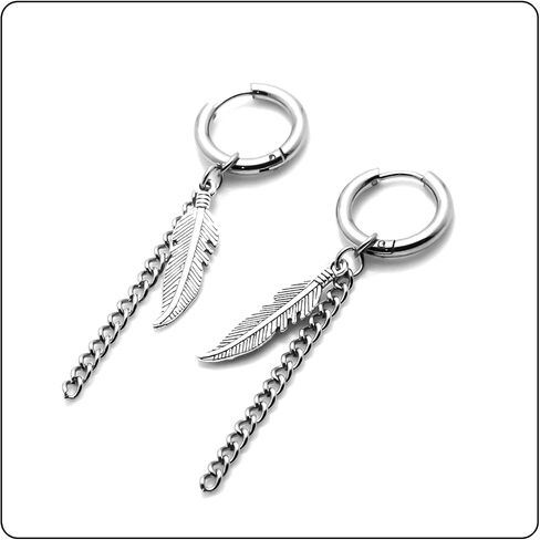 Fusamk الشرير الصخرة الفولاذ المقاوم للصدأ سلسلة طويلة الأقراط ريشة Huggie متمحور هوب الأقراط، 2PCS in Saudi Arabia