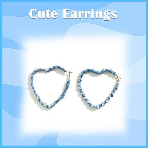 Blue Denim Hoop Earrings for Women, Minimalism Exaggerated Big Heart Hoop Earrings, Boho Cool Jeans Cloth Heart Earrings for Women Statement Earrings, Bohemia Jewelry Accessories for Women Girls, in Kuwait