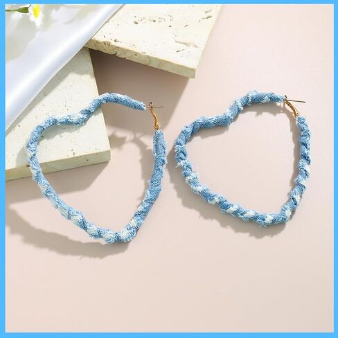Blue Denim Hoop Earrings for Women, Minimalism Exaggerated Big Heart Hoop Earrings, Boho Cool Jeans Cloth Heart Earrings for Women Statement Earrings, Bohemia Jewelry Accessories for Women Girls, in Kuwait