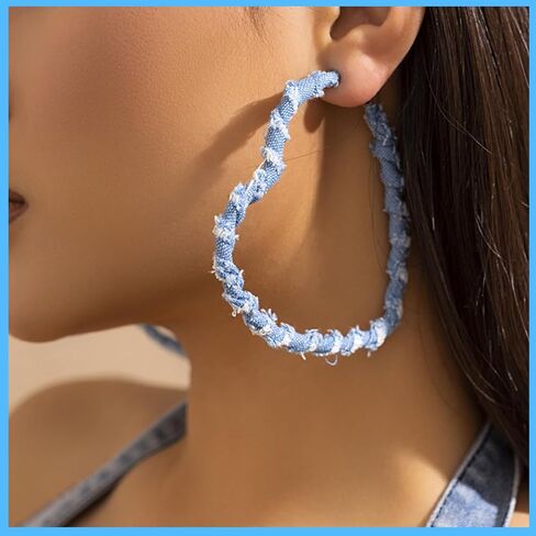 Blue Denim Hoop Earrings for Women, Minimalism Exaggerated Big Heart Hoop Earrings, Boho Cool Jeans Cloth Heart Earrings for Women Statement Earrings, Bohemia Jewelry Accessories for Women Girls, in Kuwait
