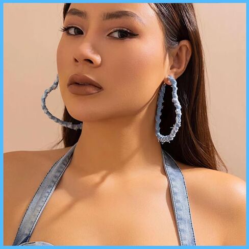 Blue Denim Hoop Earrings for Women, Minimalism Exaggerated Big Heart Hoop Earrings, Boho Cool Jeans Cloth Heart Earrings for Women Statement Earrings, Bohemia Jewelry Accessories for Women Girls, in Kuwait
