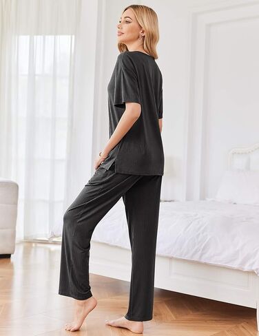 Ekouaer Womens Ribbed Knit Lounge Set Short Sleeve Top and Long Pants Sleepwear Pajama Set Two Piece Matching Outfits Set in Kuwait