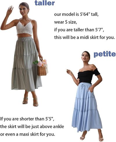 DREFBUFY Women's Boho Elastic High Waist A Line Ruffle Swing Beach Maxi Skirt with Pockets in Saudi Arabia