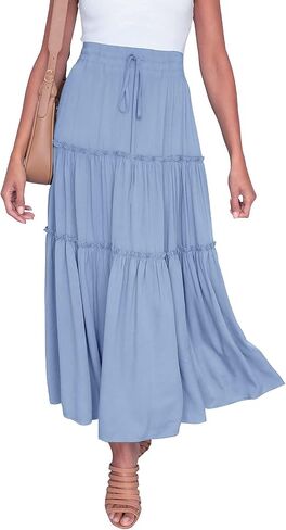 DREFBUFY Women's Boho Elastic High Waist A Line Ruffle Swing Beach Maxi Skirt with Pockets in Saudi Arabia