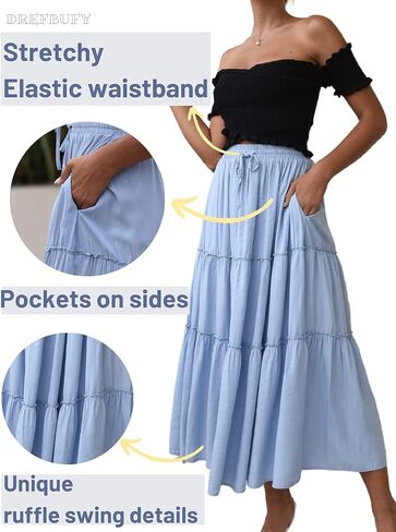 DREFBUFY Women's Boho Elastic High Waist A Line Ruffle Swing Beach Maxi Skirt with Pockets in Saudi Arabia
