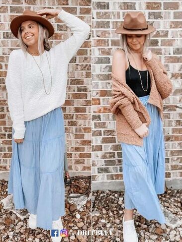 DREFBUFY Women's Boho Elastic High Waist A Line Ruffle Swing Beach Maxi Skirt with Pockets in Saudi Arabia