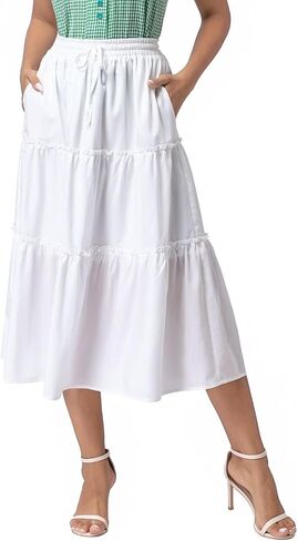 DREFBUFY Women's Boho Elastic High Waist A Line Ruffle Swing Beach Maxi Skirt with Pockets in Saudi Arabia