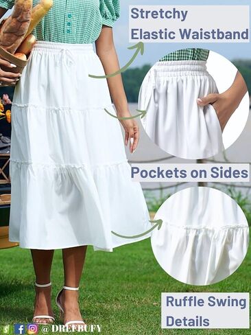 DREFBUFY Women's Boho Elastic High Waist A Line Ruffle Swing Beach Maxi Skirt with Pockets in Saudi Arabia