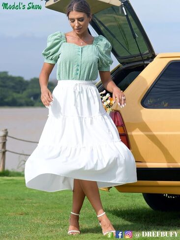 DREFBUFY Women's Boho Elastic High Waist A Line Ruffle Swing Beach Maxi Skirt with Pockets in Saudi Arabia