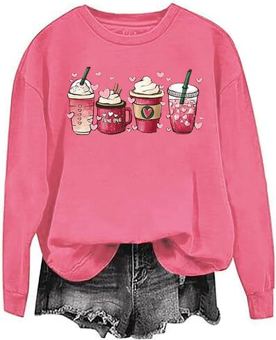 Susongeth Valentine's Day Sweatshirt Women Funny Latte Coffee Heart Graphic Shirt Casual Long Sleeve Valentine Pullover Tops in Kuwait