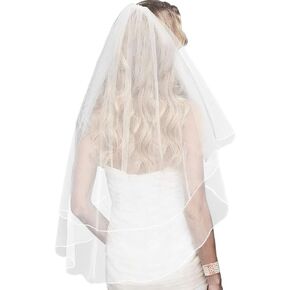 EASEDAILY 2 طبقات طرحة زفاف العروس قصيرة الخصر طول الإصبع حجاب تول الزفاف مع مشط وحافة قلم رصاص (أبيض) in Kuwait