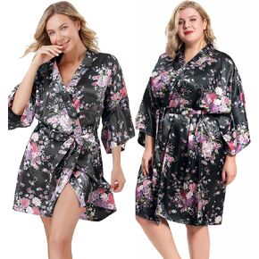 ALHAVONE Women's Rose Flowers Silky Satin Short Kimono Robe for Wedding Getting Ready
