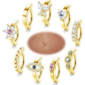FINREZIO 9PCS 14G Clicker Belly Button Rings for Women Surgical Steel Cute Cubic Zirconia Butterfly Evil Eye Heart Clicker Belly Rings Reverse Navel Rings Summer Body Piercing Jewelry in Kuwait