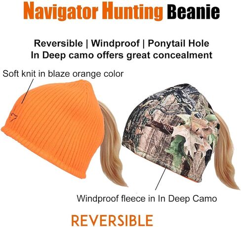 قبعة EDTREK للنساء قابلة للعكس مع فتحة ذيل الحصان - قبعة شتوية من الصوف المقاوم للرياح وقبعات صيد برتقالية, One Size in Kuwait