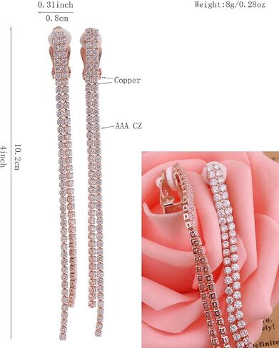 Platinum Plated or Rose Gold Plated 2 Strands Long Tassel AAA CZ Clip on Earrings Non Piercing for Women in Saudi Arabia