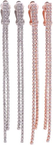 Platinum Plated or Rose Gold Plated 2 Strands Long Tassel AAA CZ Clip on Earrings Non Piercing for Women in Saudi Arabia