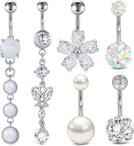 FECTAS 14g Belly Button Rings Dangle Surgical Steel CZ Navel Ring Barbell for Women Girls Body Piercing Jewelry Rose Gold Silver in Kuwait