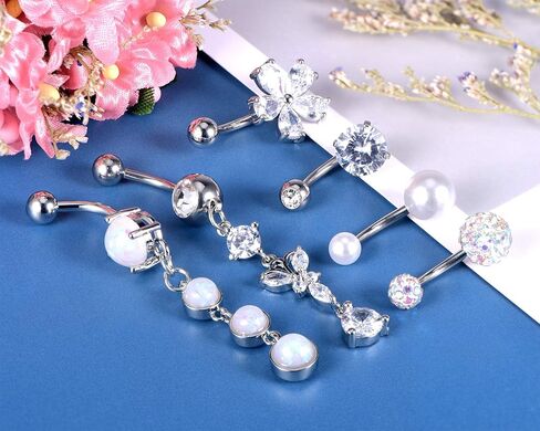 FECTAS 14g Belly Button Rings Dangle Surgical Steel CZ Navel Ring Barbell for Women Girls Body Piercing Jewelry Rose Gold Silver in Kuwait