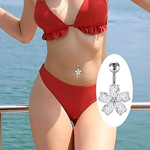 FECTAS 14g Belly Button Rings Dangle Surgical Steel CZ Navel Ring Barbell for Women Girls Body Piercing Jewelry Rose Gold Silver in Kuwait