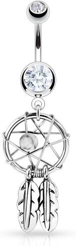Forbidden Body Jewelry Surgical Steel Double Jeweled Dream Catcher Feathers Dangle Belly Button Ring (Clear, Purple, Red, Light Blue, Pink) in Saudi Arabia