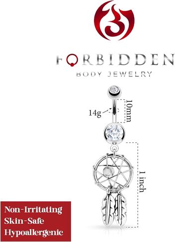 Forbidden Body Jewelry Surgical Steel Double Jeweled Dream Catcher Feathers Dangle Belly Button Ring (Clear, Purple, Red, Light Blue, Pink) in Saudi Arabia