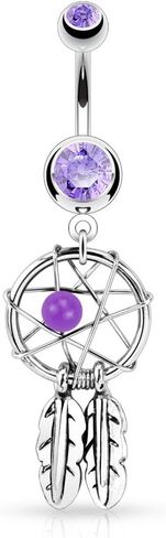 Forbidden Body Jewelry Surgical Steel Double Jeweled Dream Catcher Feathers Dangle Belly Button Ring (Clear, Purple, Red, Light Blue, Pink) in Saudi Arabia