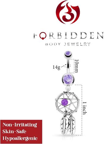 Forbidden Body Jewelry Surgical Steel Double Jeweled Dream Catcher Feathers Dangle Belly Button Ring (Clear, Purple, Red, Light Blue, Pink) in Saudi Arabia