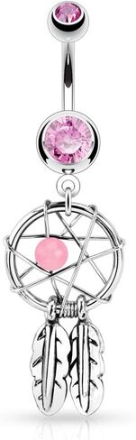 Forbidden Body Jewelry Surgical Steel Double Jeweled Dream Catcher Feathers Dangle Belly Button Ring (Clear, Purple, Red, Light Blue, Pink) in Saudi Arabia