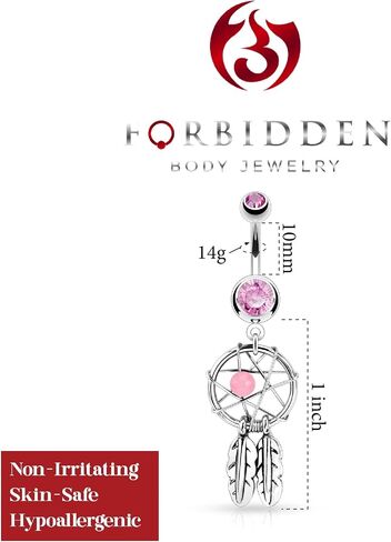 Forbidden Body Jewelry Surgical Steel Double Jeweled Dream Catcher Feathers Dangle Belly Button Ring (Clear, Purple, Red, Light Blue, Pink) in Saudi Arabia